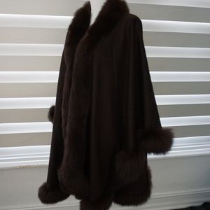 Sophia Cashmere Fox Fur Trimmed U Cape Sweater Coat Brown